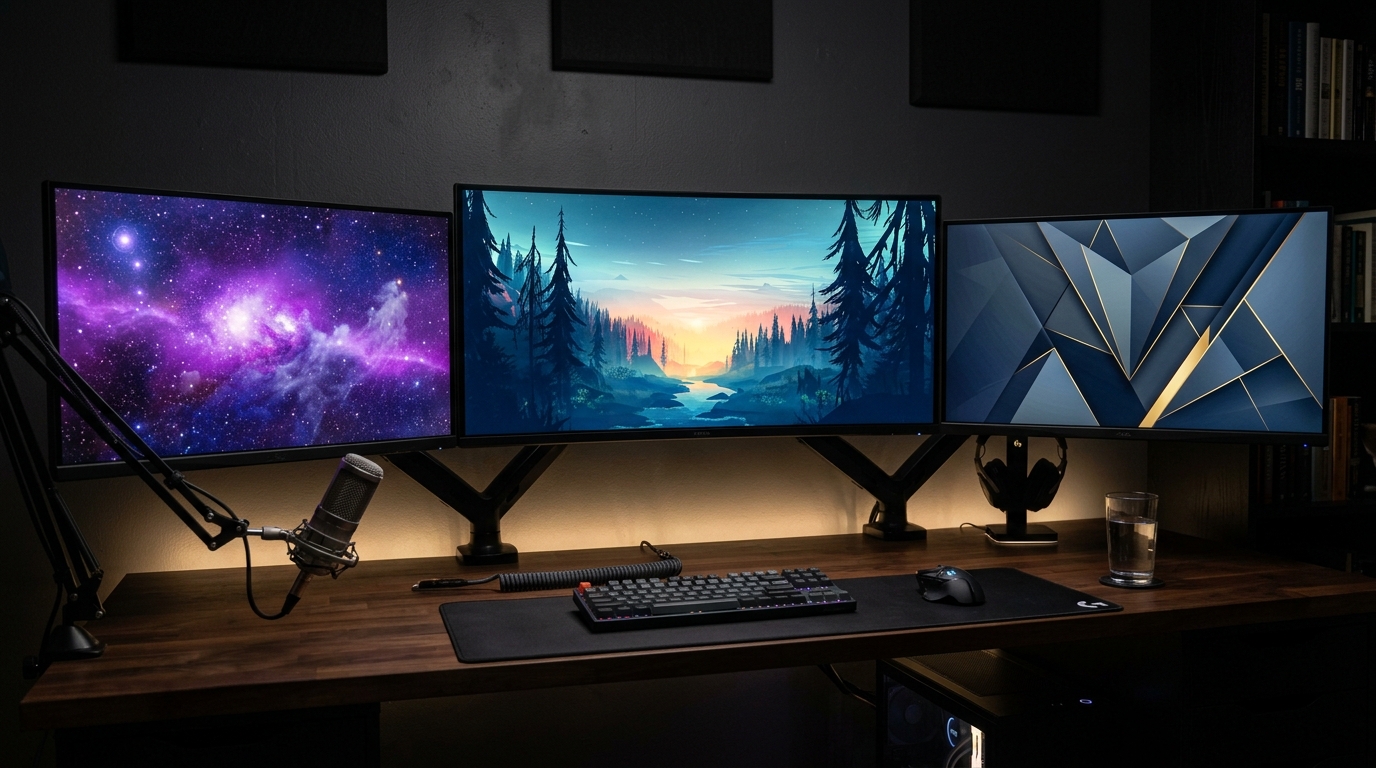 Three monitors each showing a different wallpaper