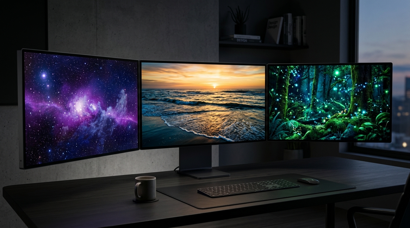 Three monitors with different wallpapers