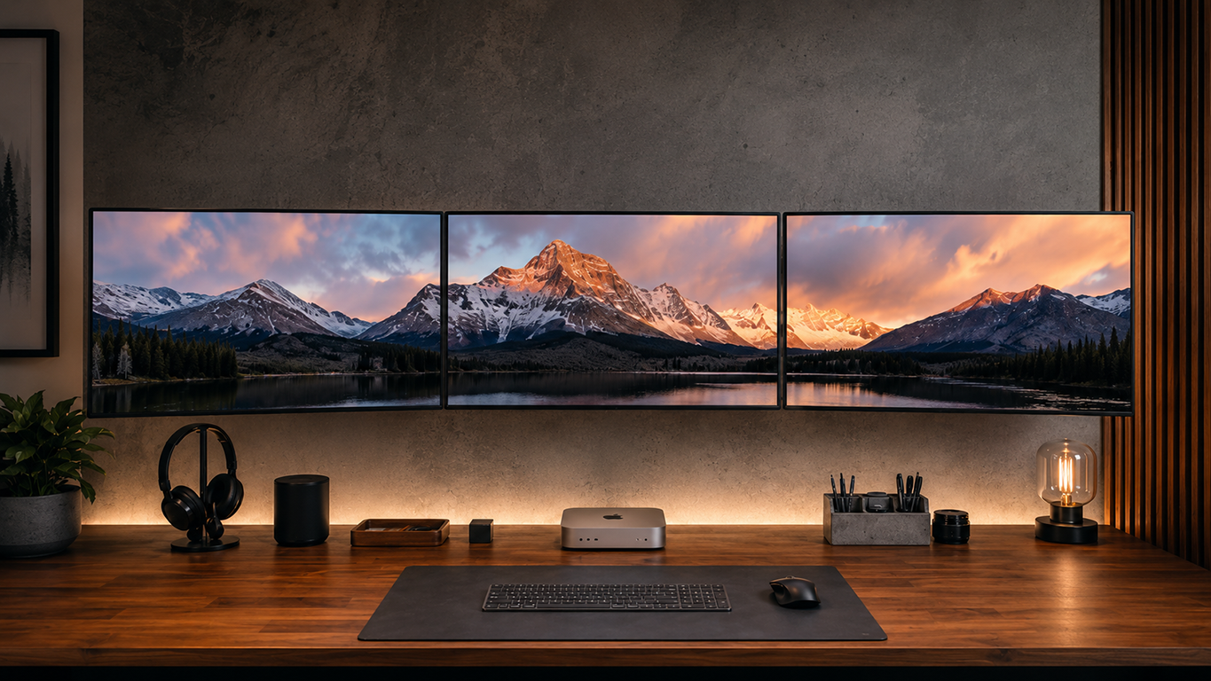Three monitors with different wallpapers