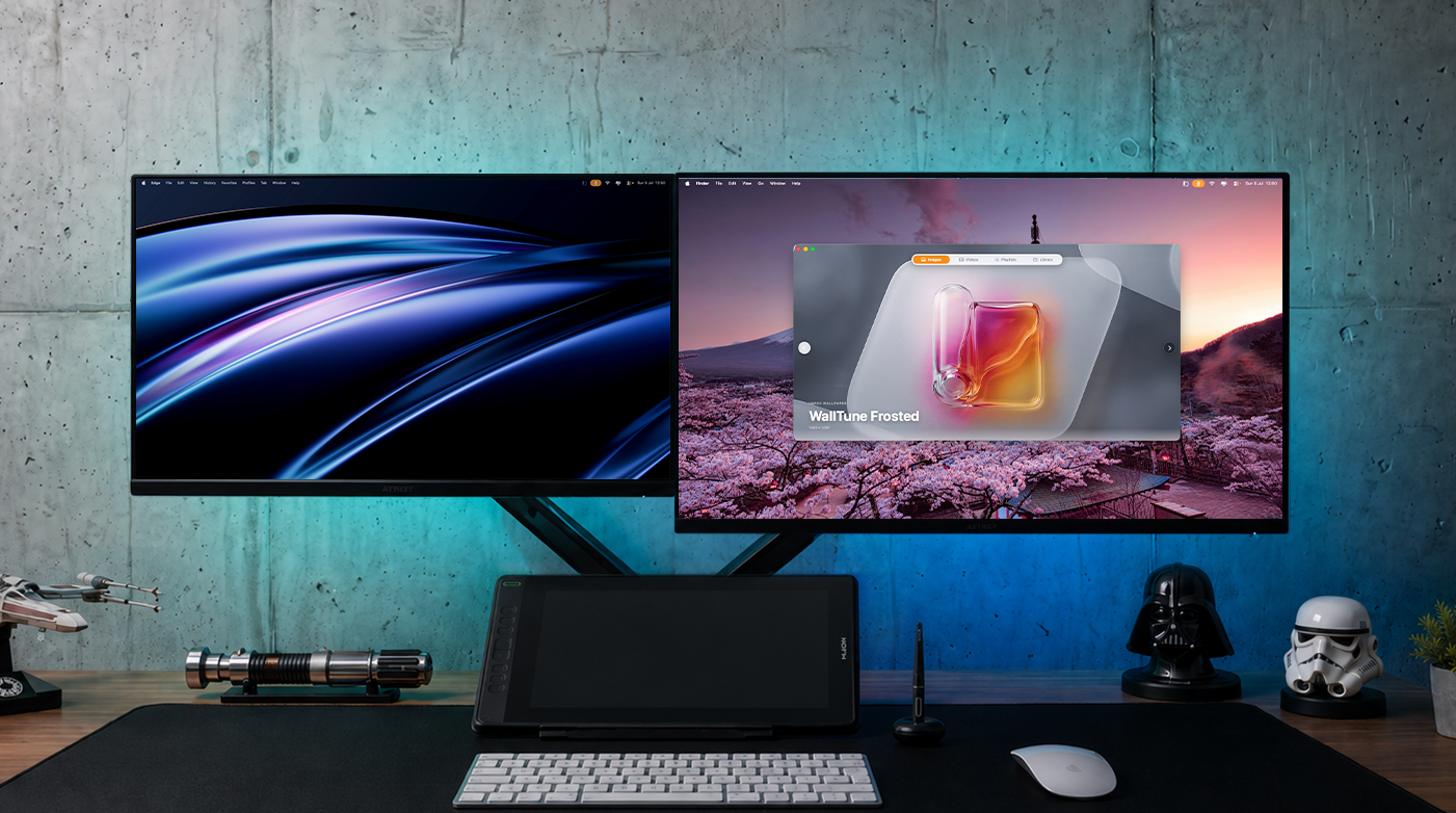 Three monitors with different wallpapers